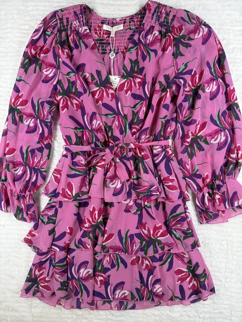 NWT WAYF Lettie Tiered Ruffle Mini Dress Small Pink Birds Paradise Chiffon LS